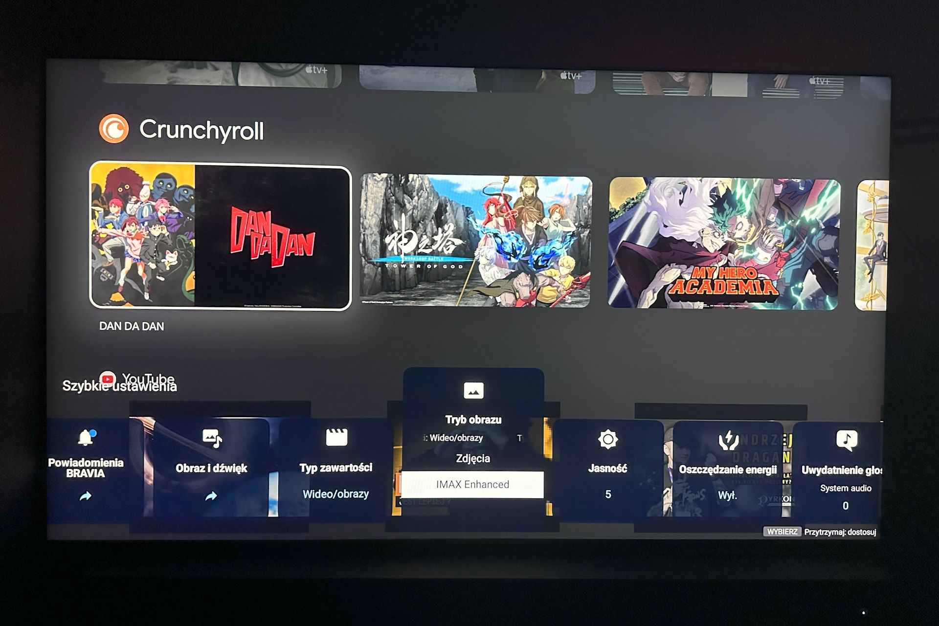 Sony Bravia 9 (65XR90) - menu szybkich ustawień