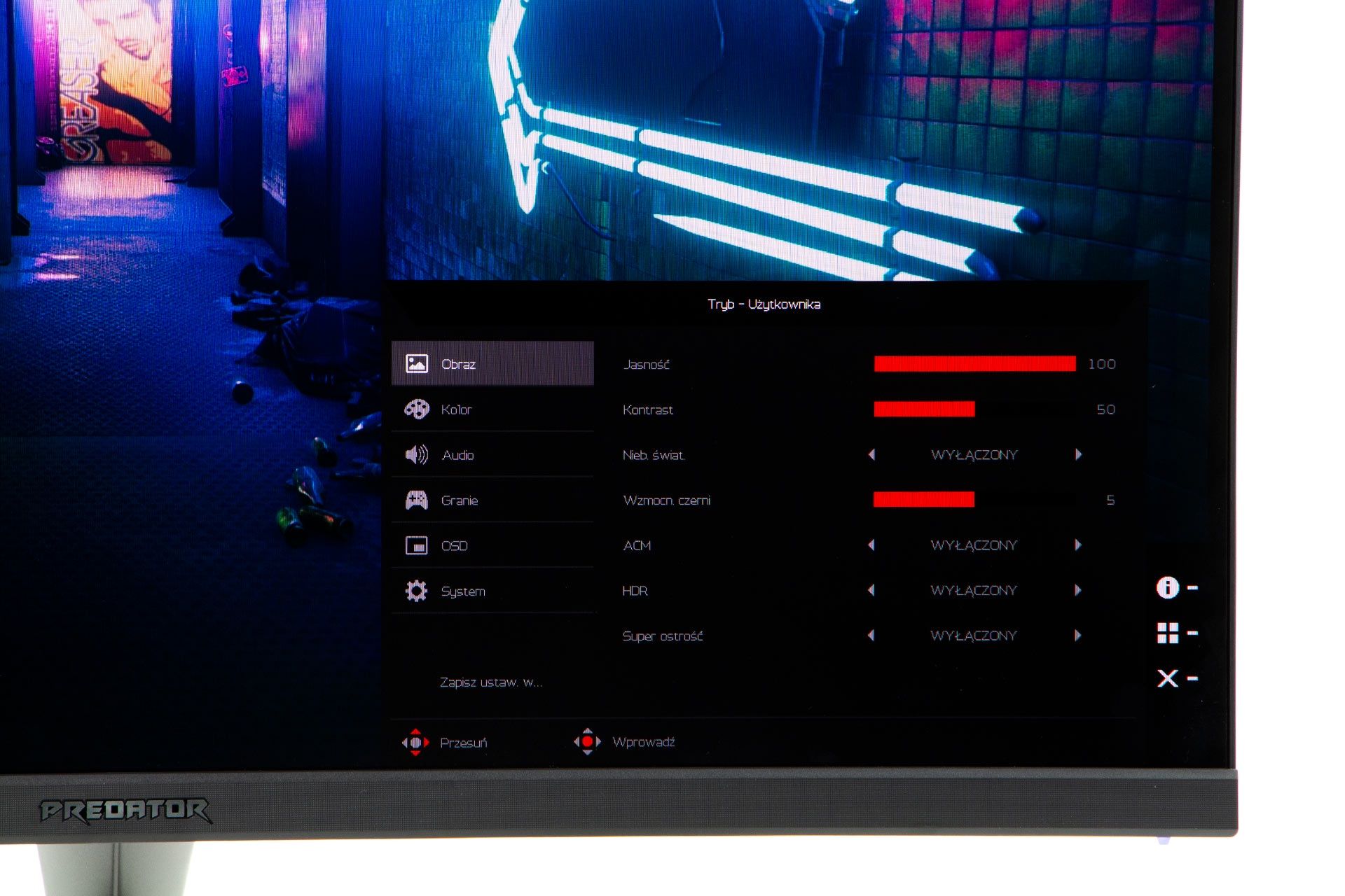 Acer Predator XB323U - menu obrazu
