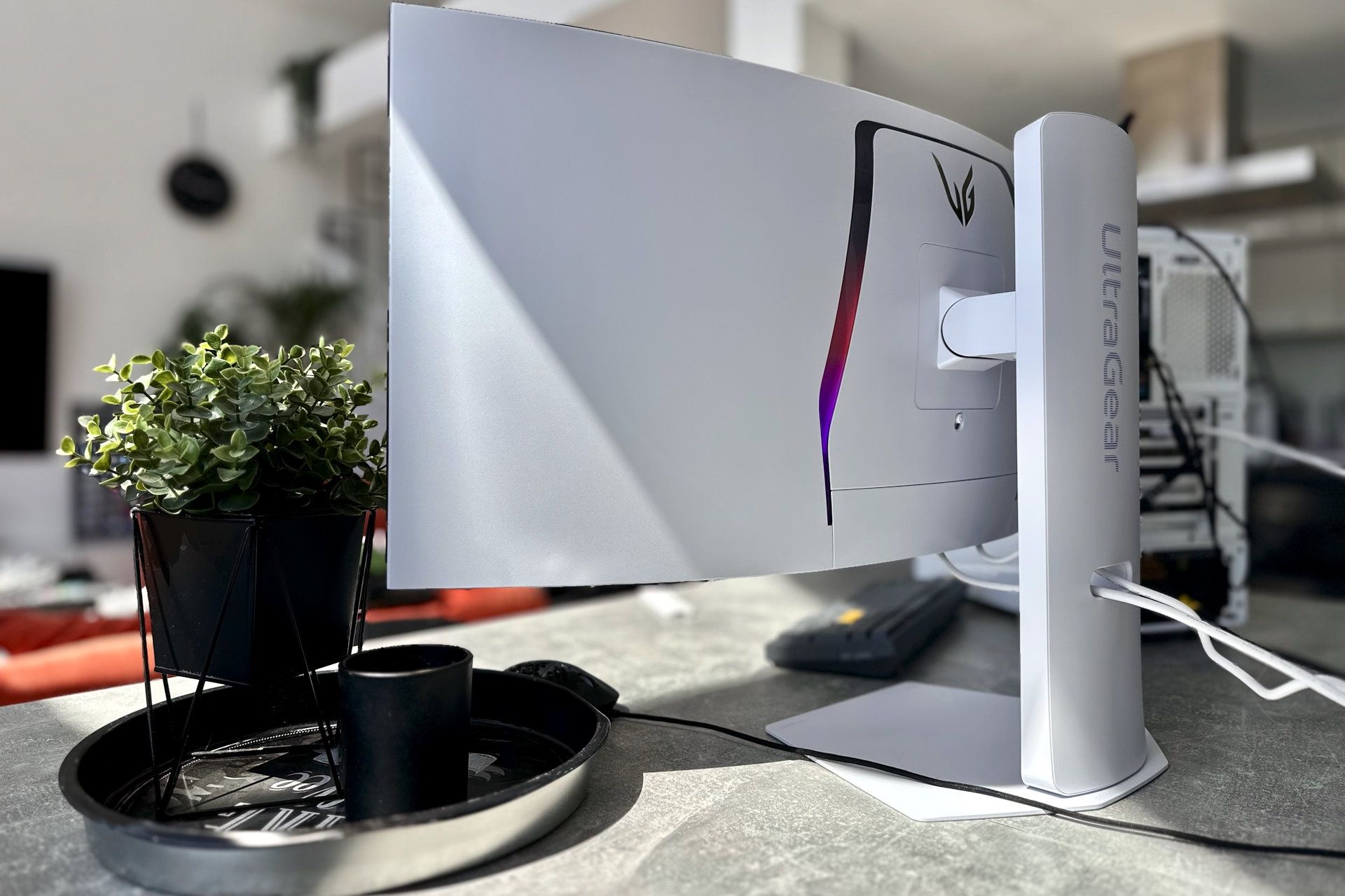LG UltraGear 34GX90SA - od tyłu z kwiatkiem