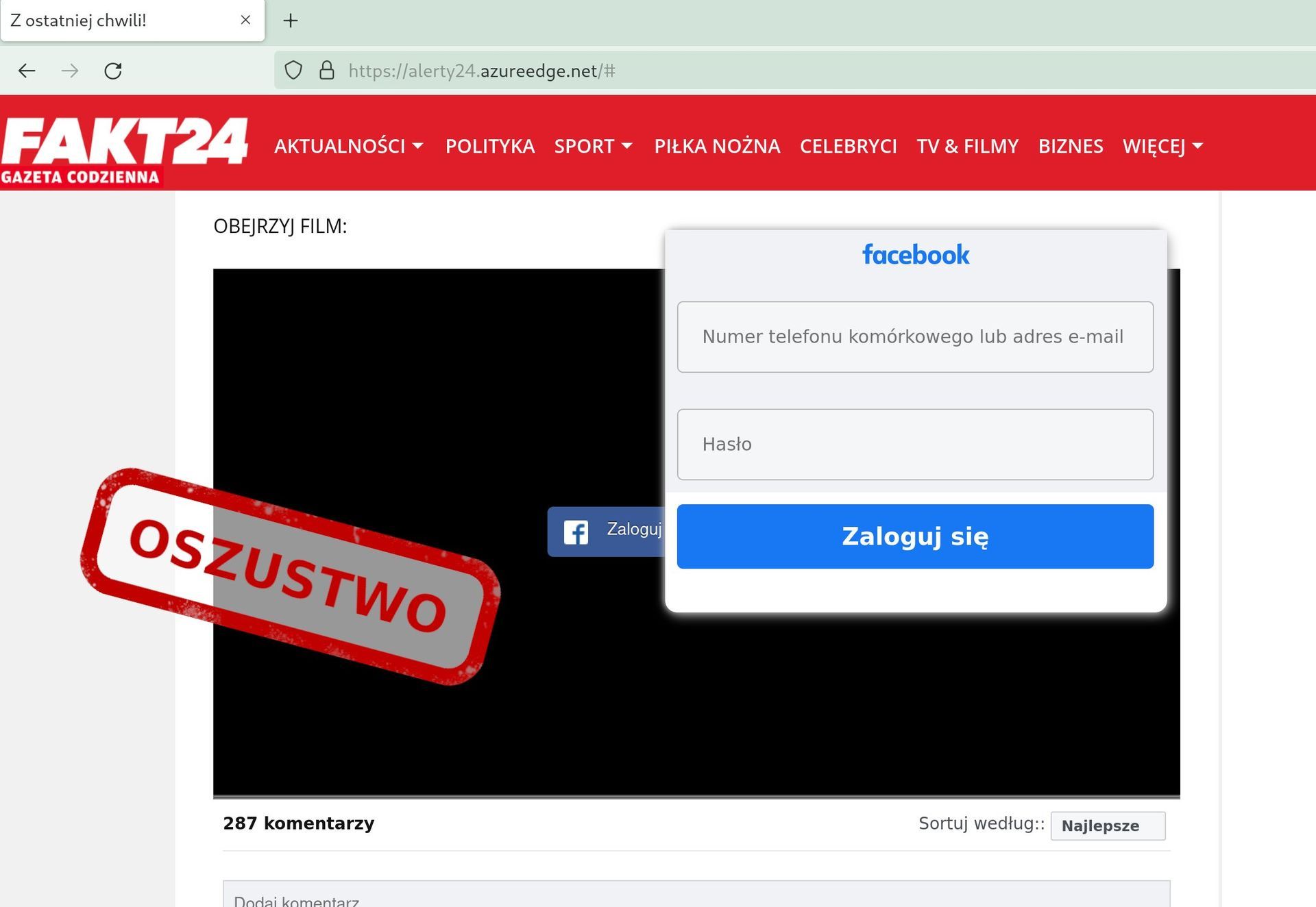 Fałszywe logowanie do Facebooka