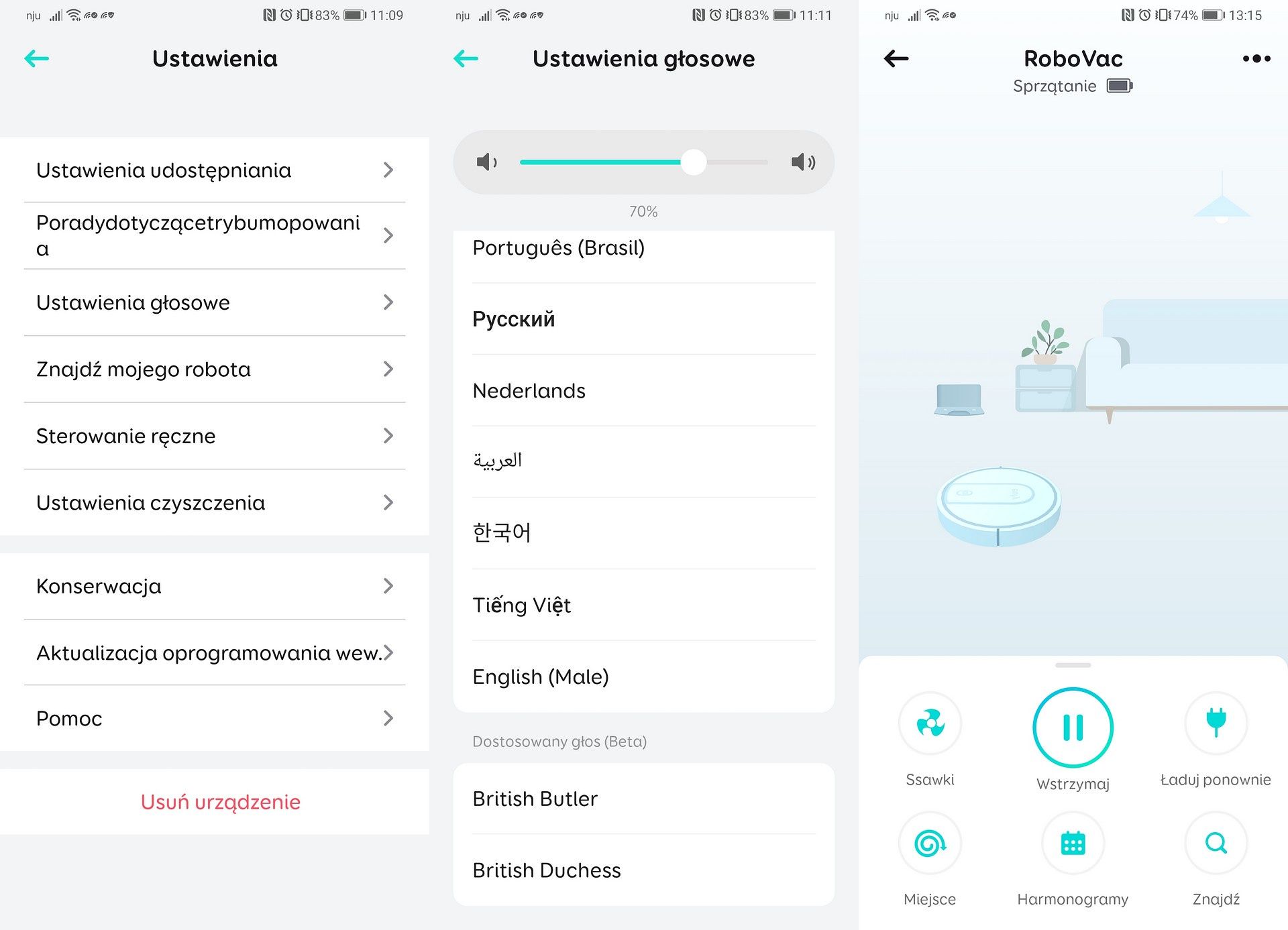 Eufy Robovac G10 Hybrid - inne opcje aplikacji