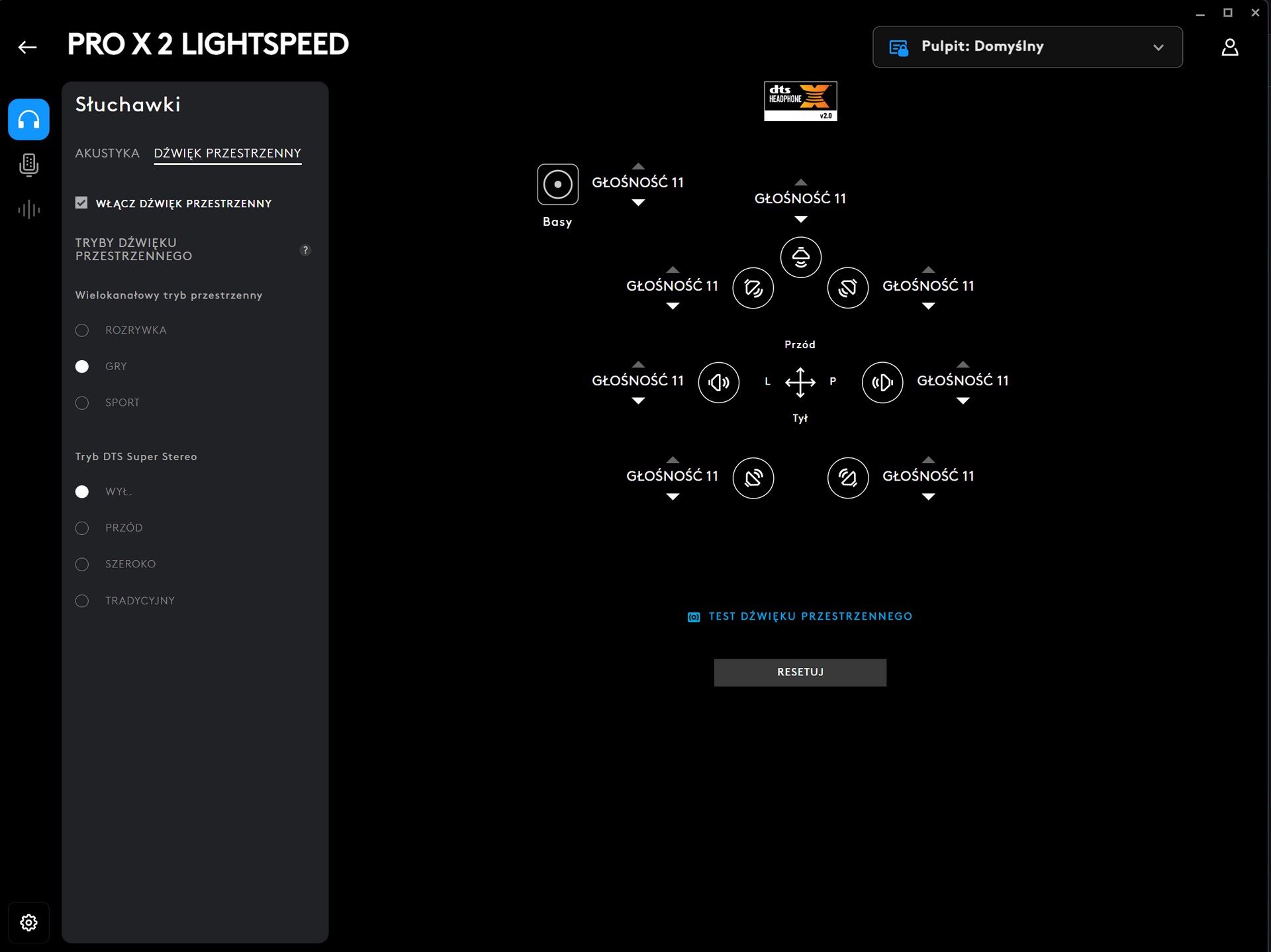 Logitech G Pro X 2 Lightspeed - ustawienia dźwięku przestrzennego