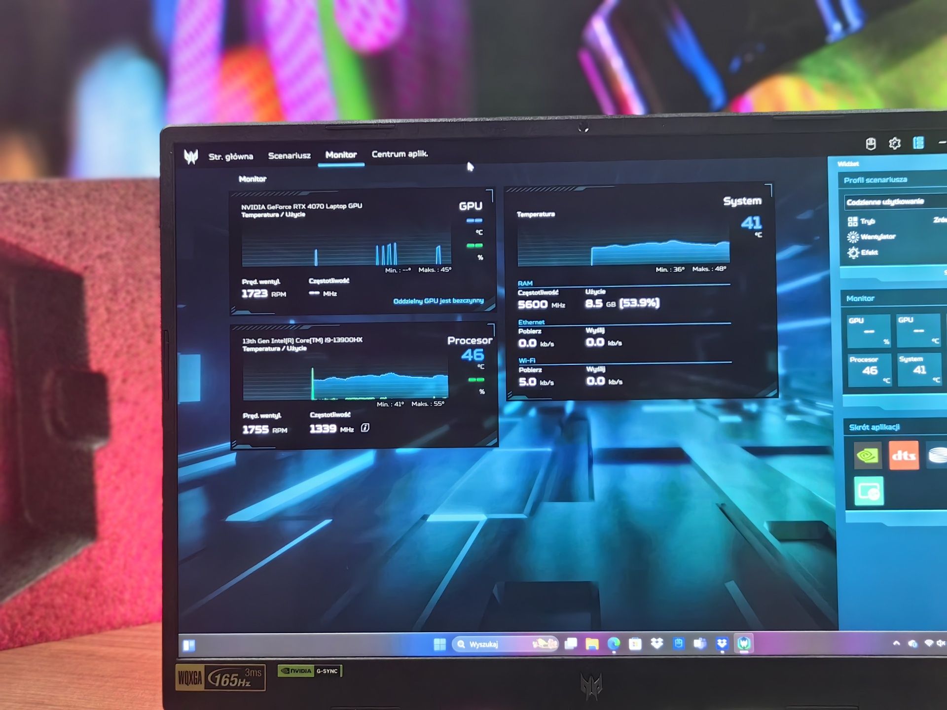Acer Predator Helios Neo 16 - podgląd temperatury komponentów