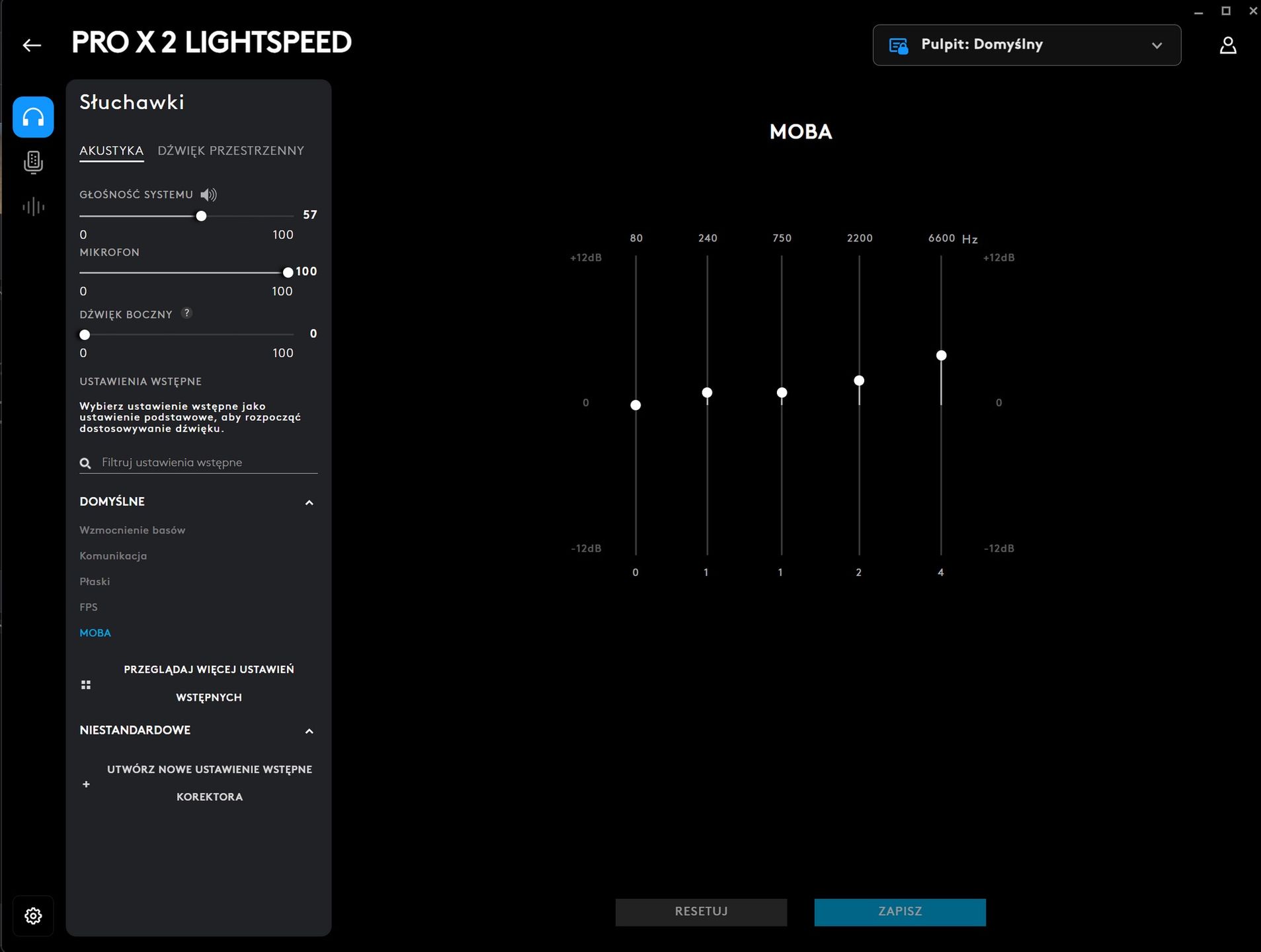 Logitech G Pro X 2 Lightspeed - ustawienia akustyki