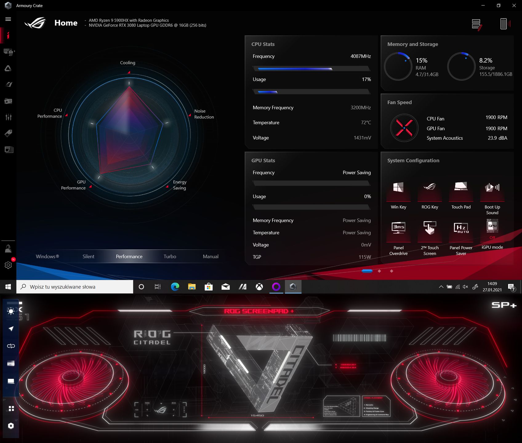ASUS ROG Zephyrus Duo 15 GX551Q - panel sterowania
