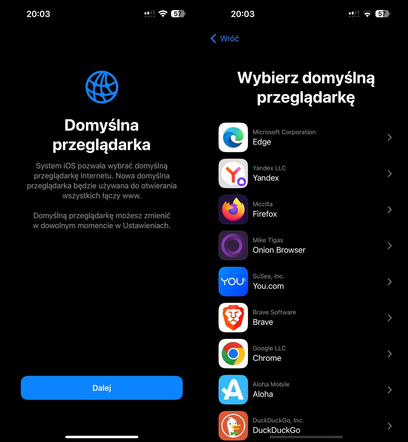 Wybór przeglądarki w iOS 17.4