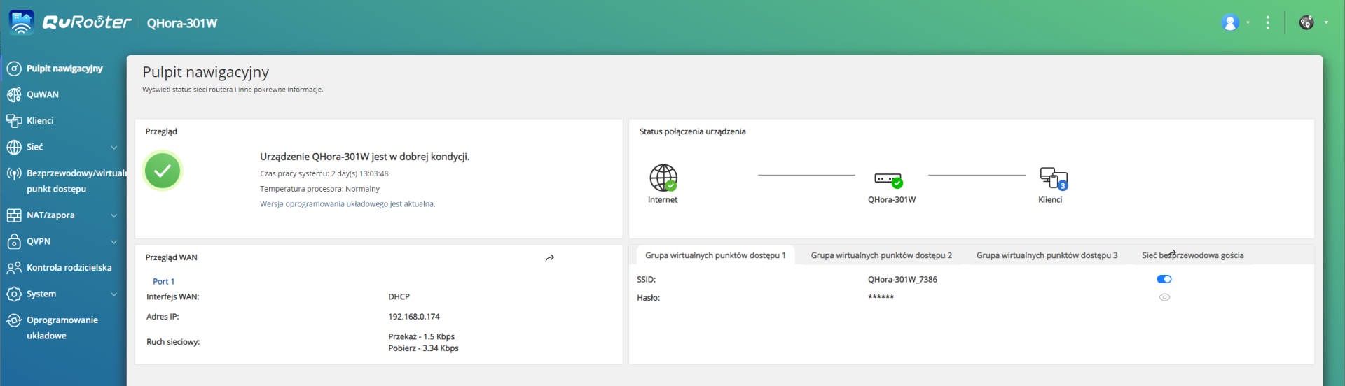 QNAP QHora-301W -  panel konfiguracyjny - status