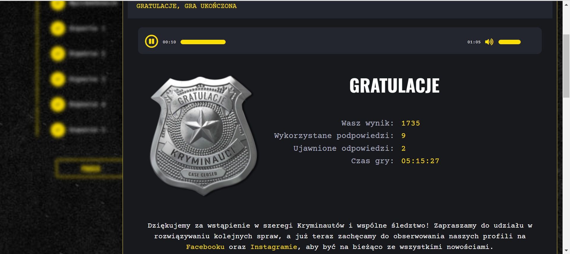 Kryminauci vs Detektyw - wynik końcowy śledztwa w grze Kryminauci