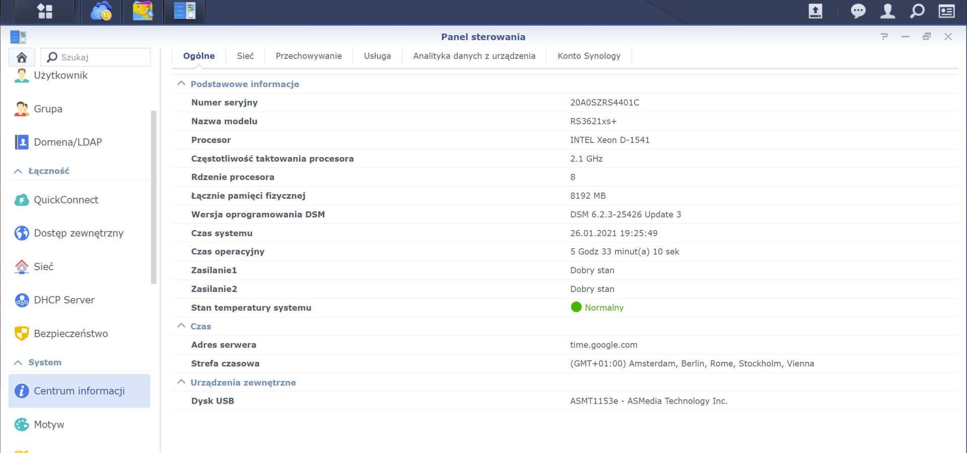 Synology RS3621xs+ - informacje o systemie