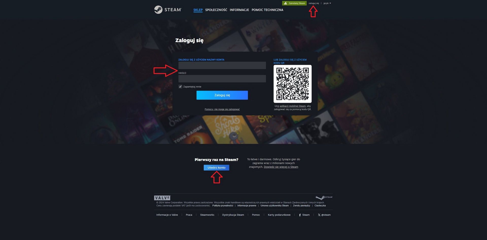 Aktywacja klucza na Steam - logowanie na stronie