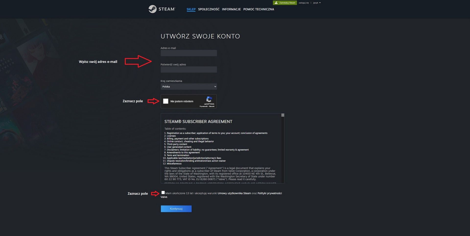 Aktywacja klucza na Steam - zakładanie konta Steam