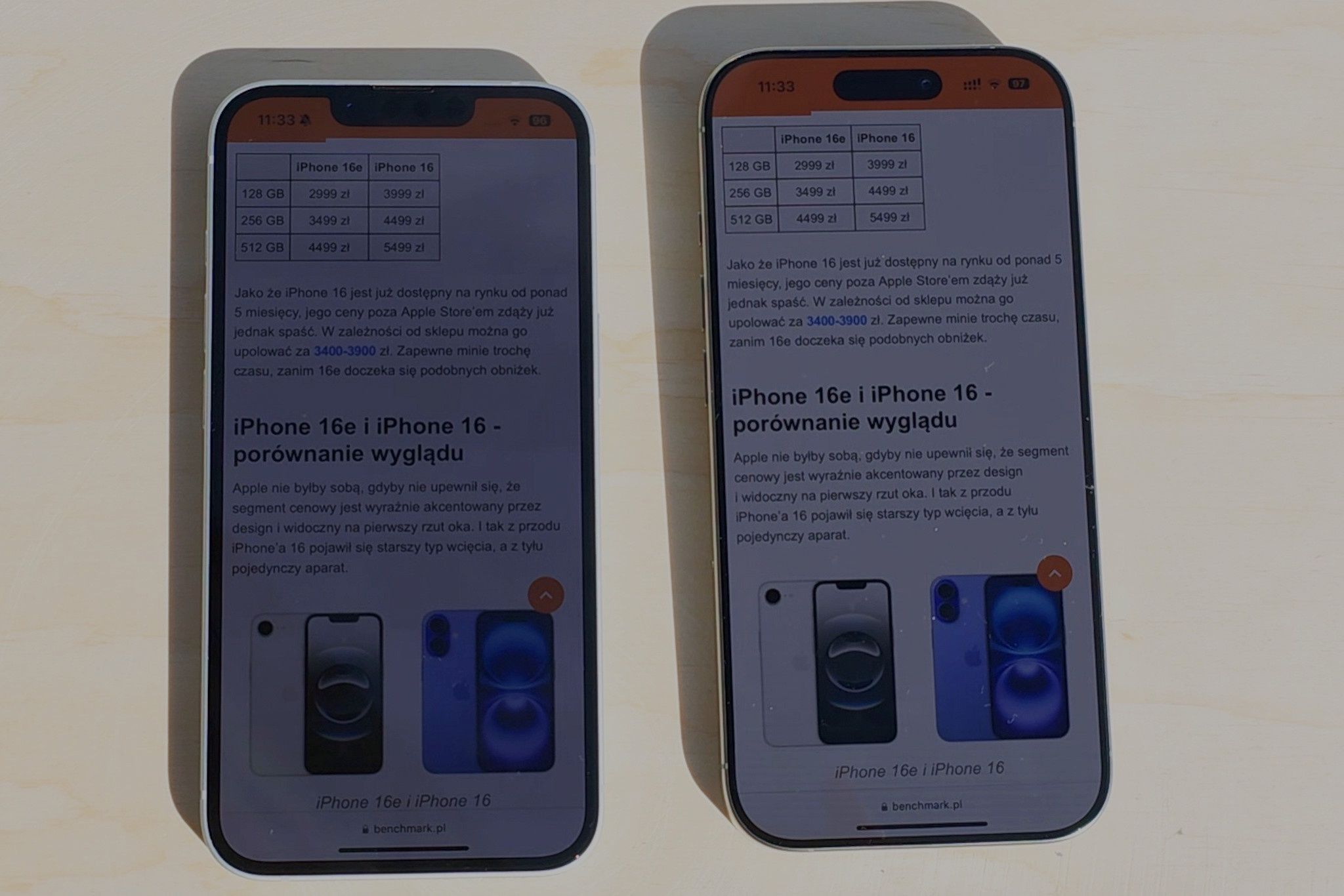 iPhone 16e i iPhone 16 Pro w ostrym słońcu