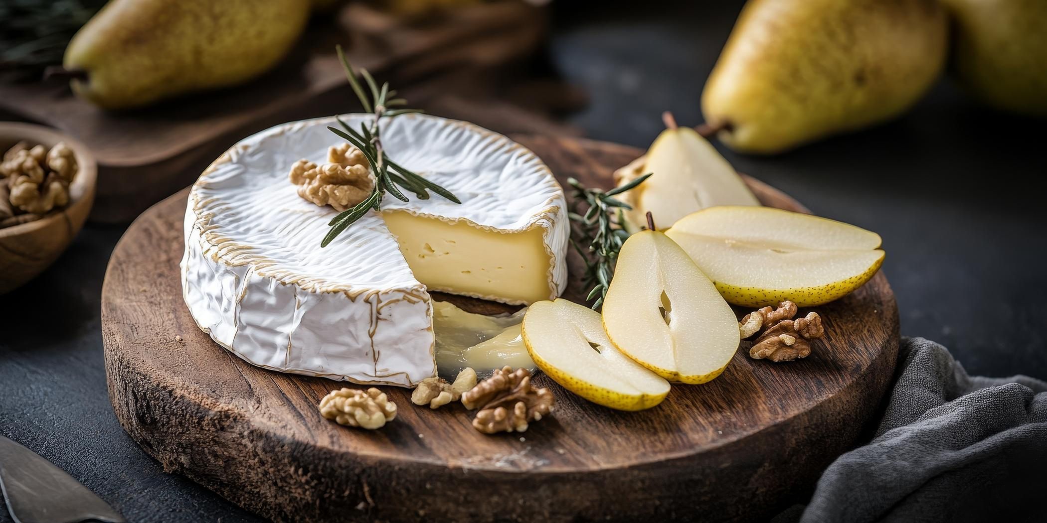 Camembert, gruszka, orzechy i tymianek na desce