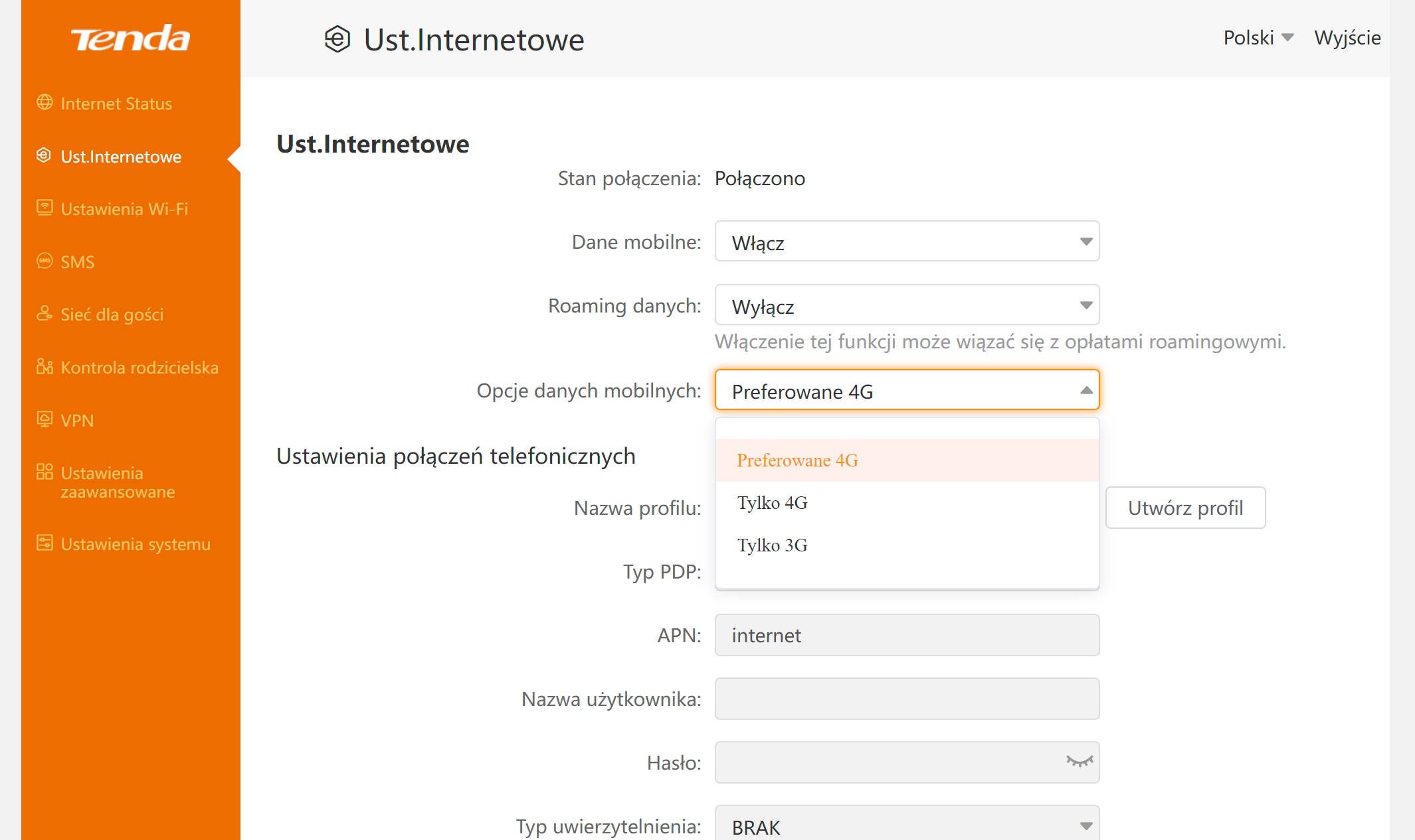 Tenda 4G07 - panel w przeglądarce - ustawienia