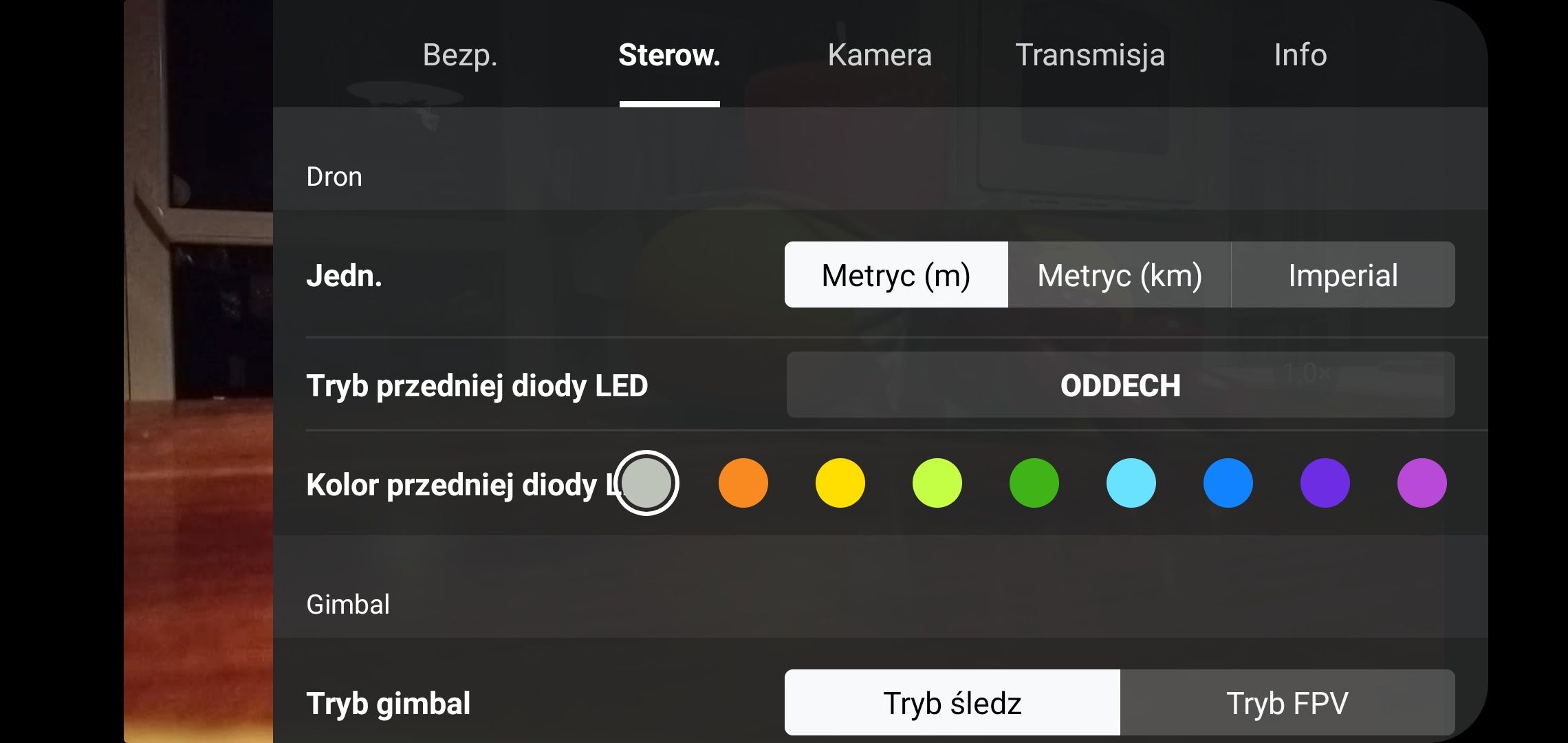 DJI Mini 2 - opcje przedniej diody w aplikacji DJI Fly