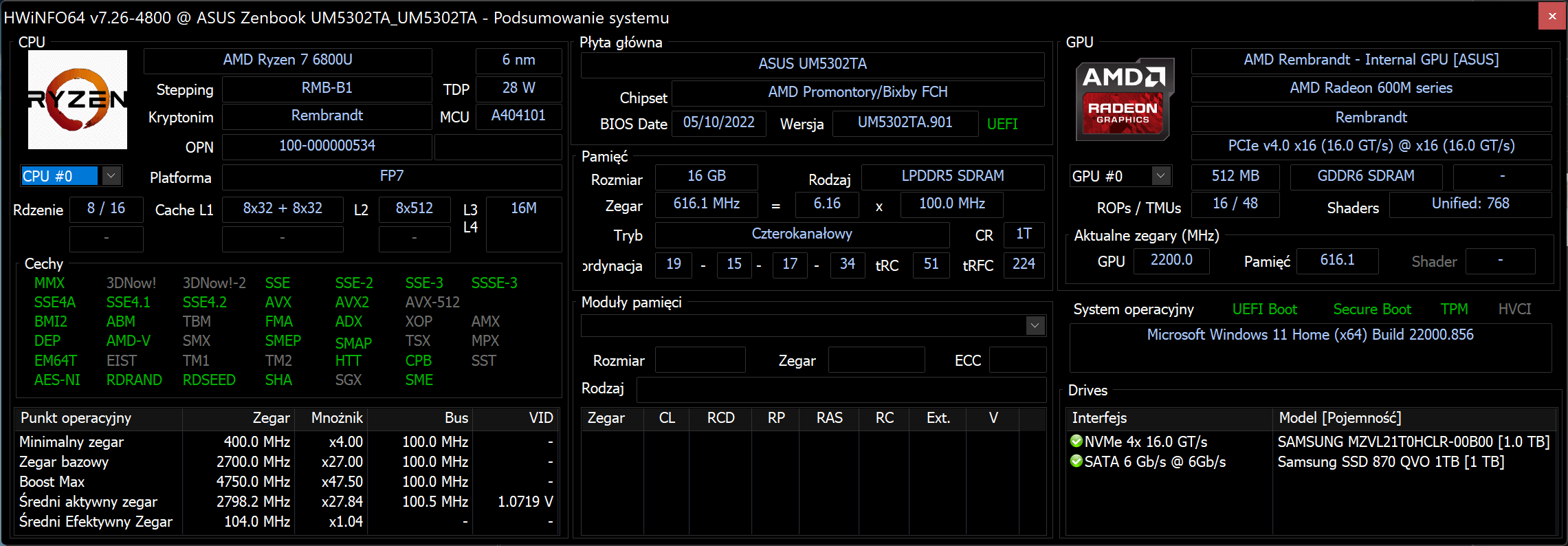 ASUS Zenbook S 13 OLED AMD - HWInfo