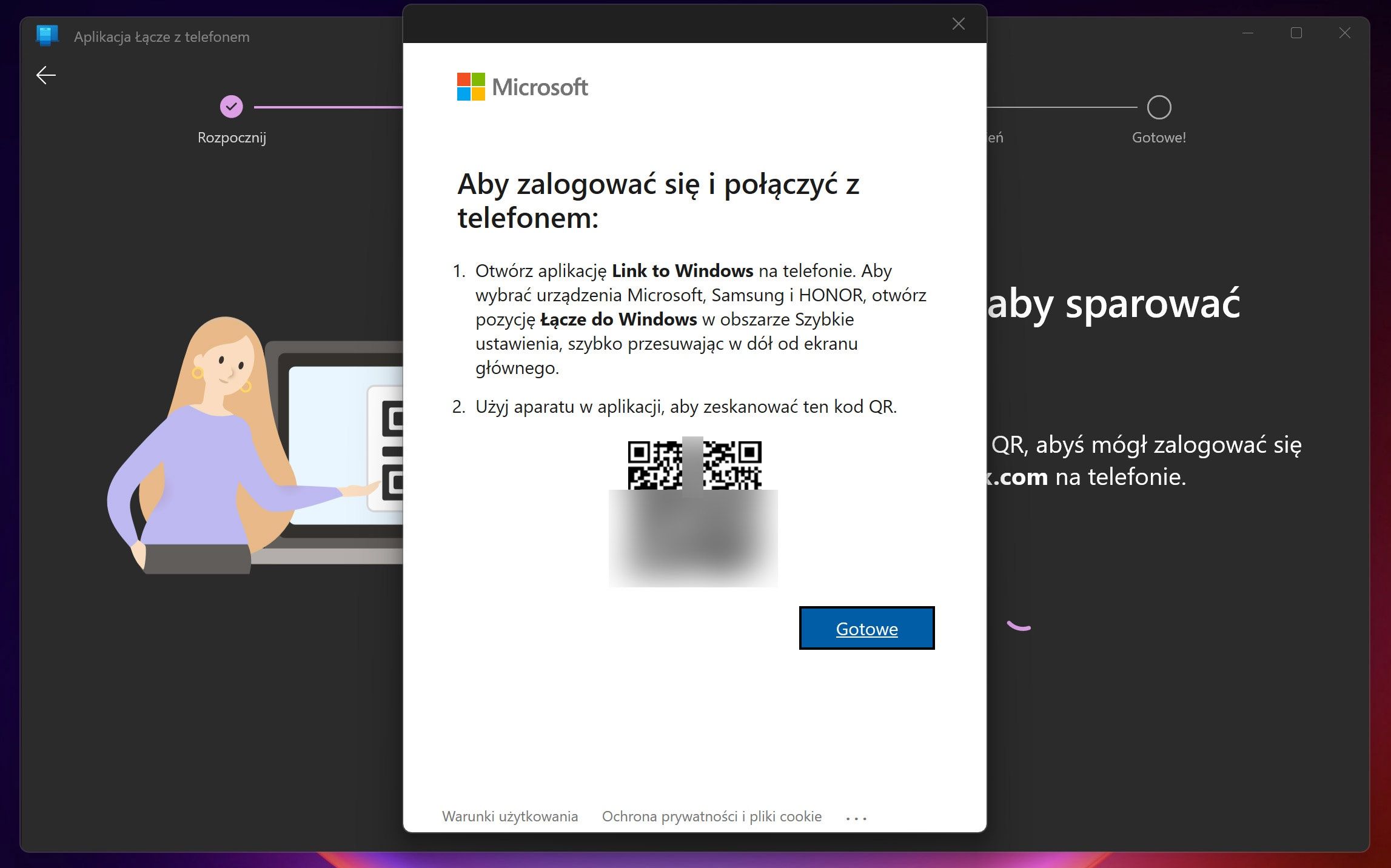 zeskanuj w aplikacji Łącze do Windows kod QR z komputera