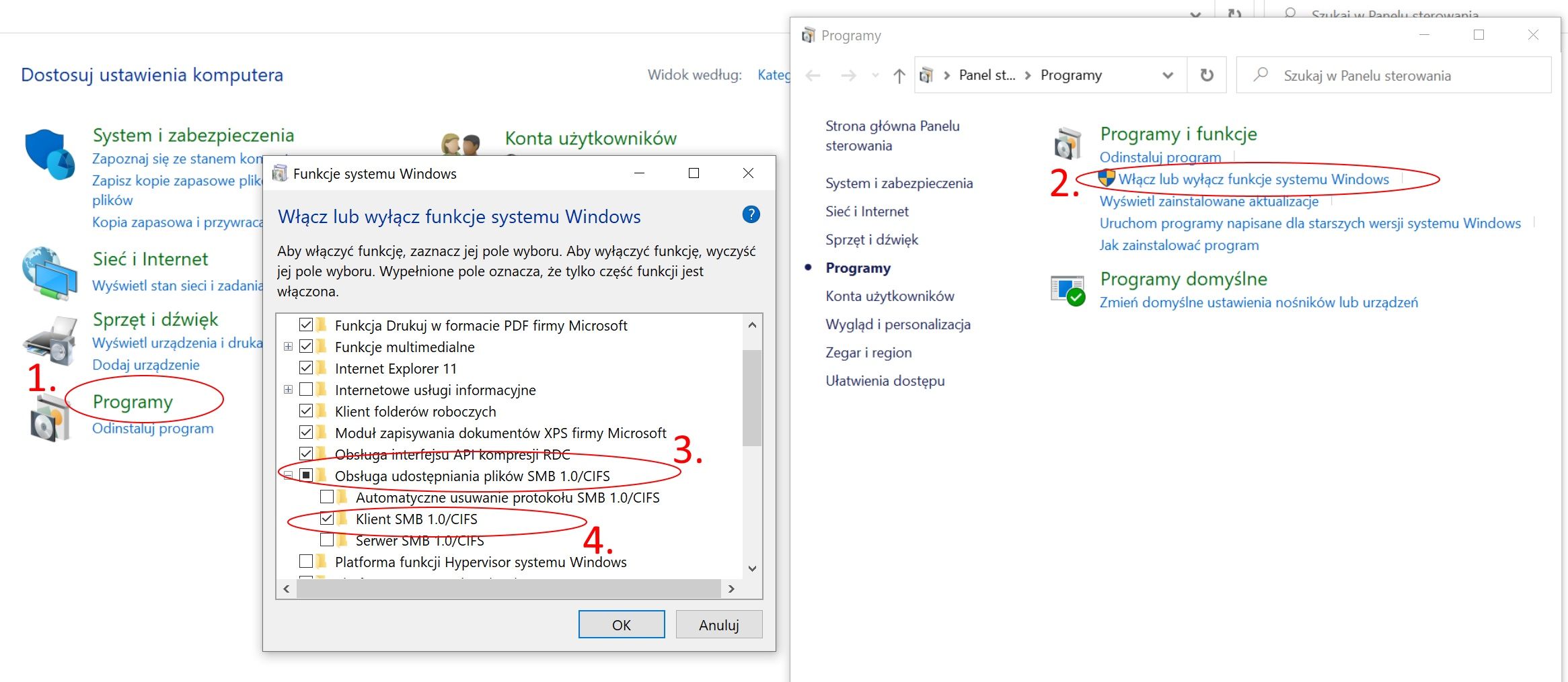 Dodawanie usługi klienta SMB 1.0 dla Windows 10