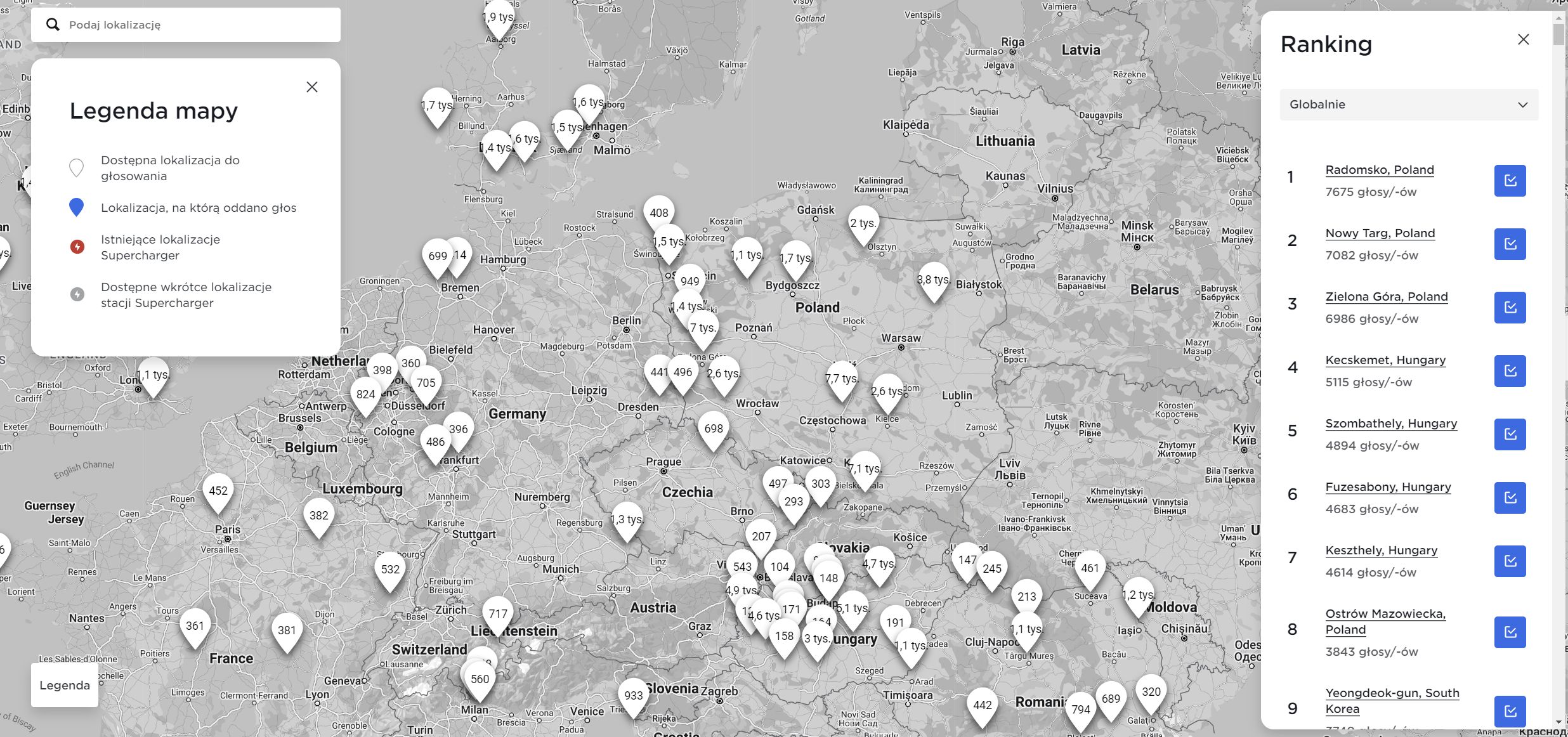 Głosowanie Supercharger Tesla
