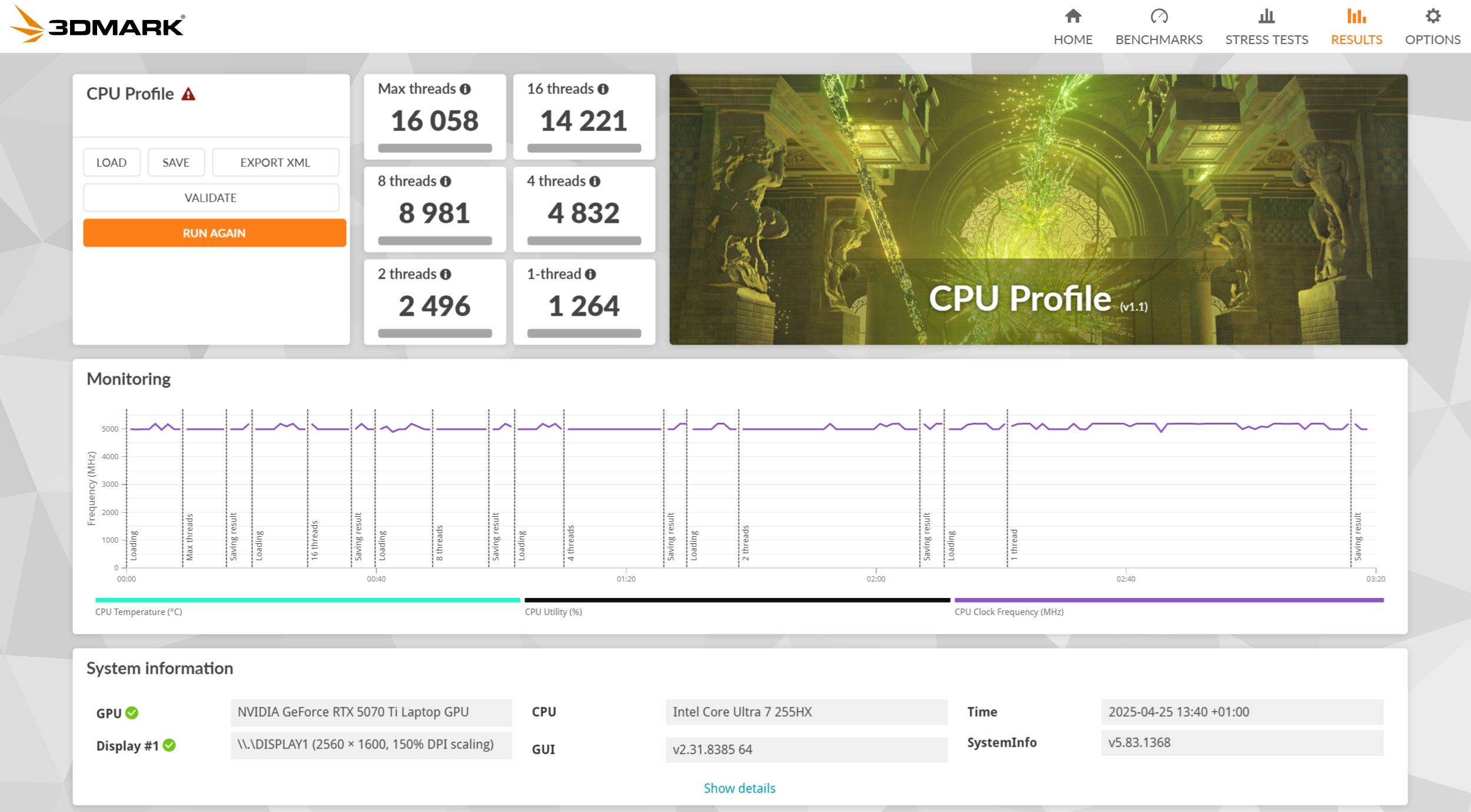 MSI Vector 16 HX AI - 3DM CPU Profile