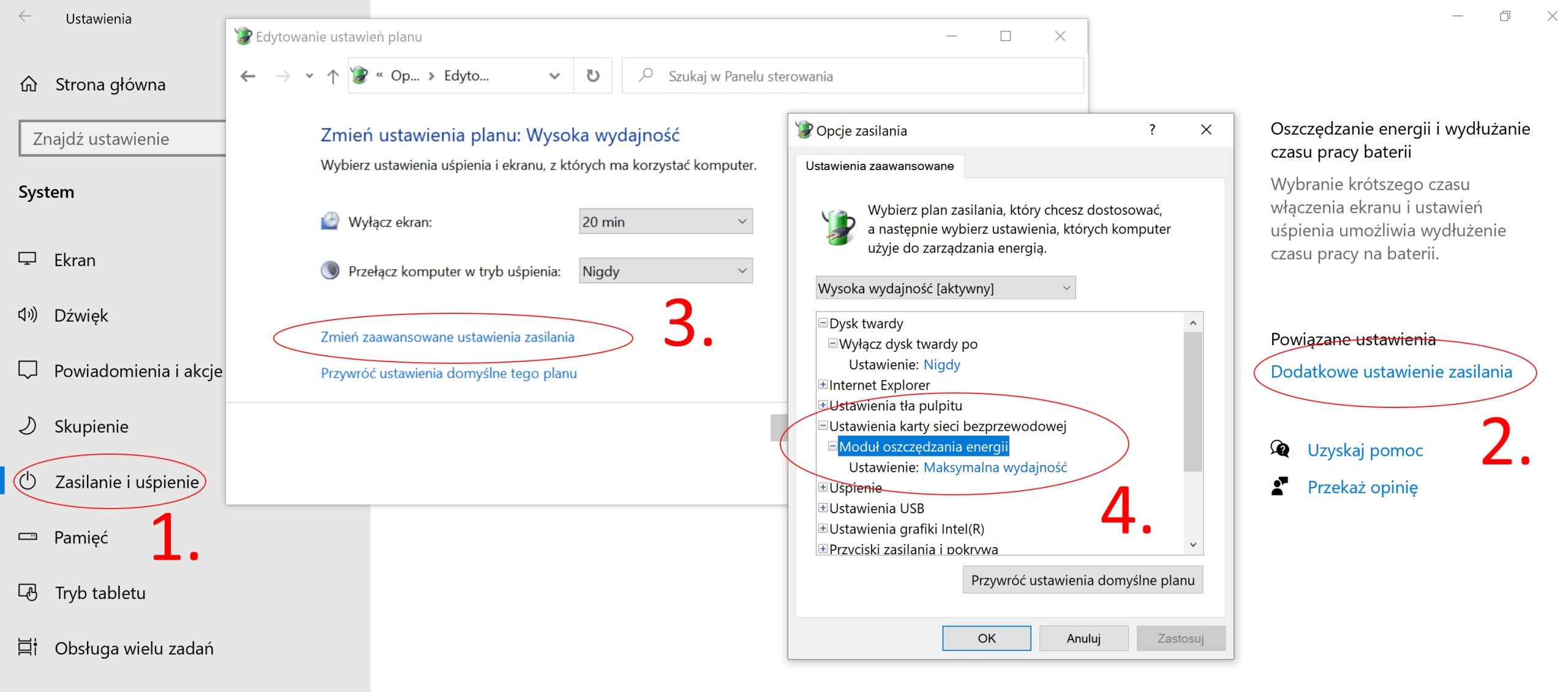 Zmiana ustawień zasilania karty Wi-Fi