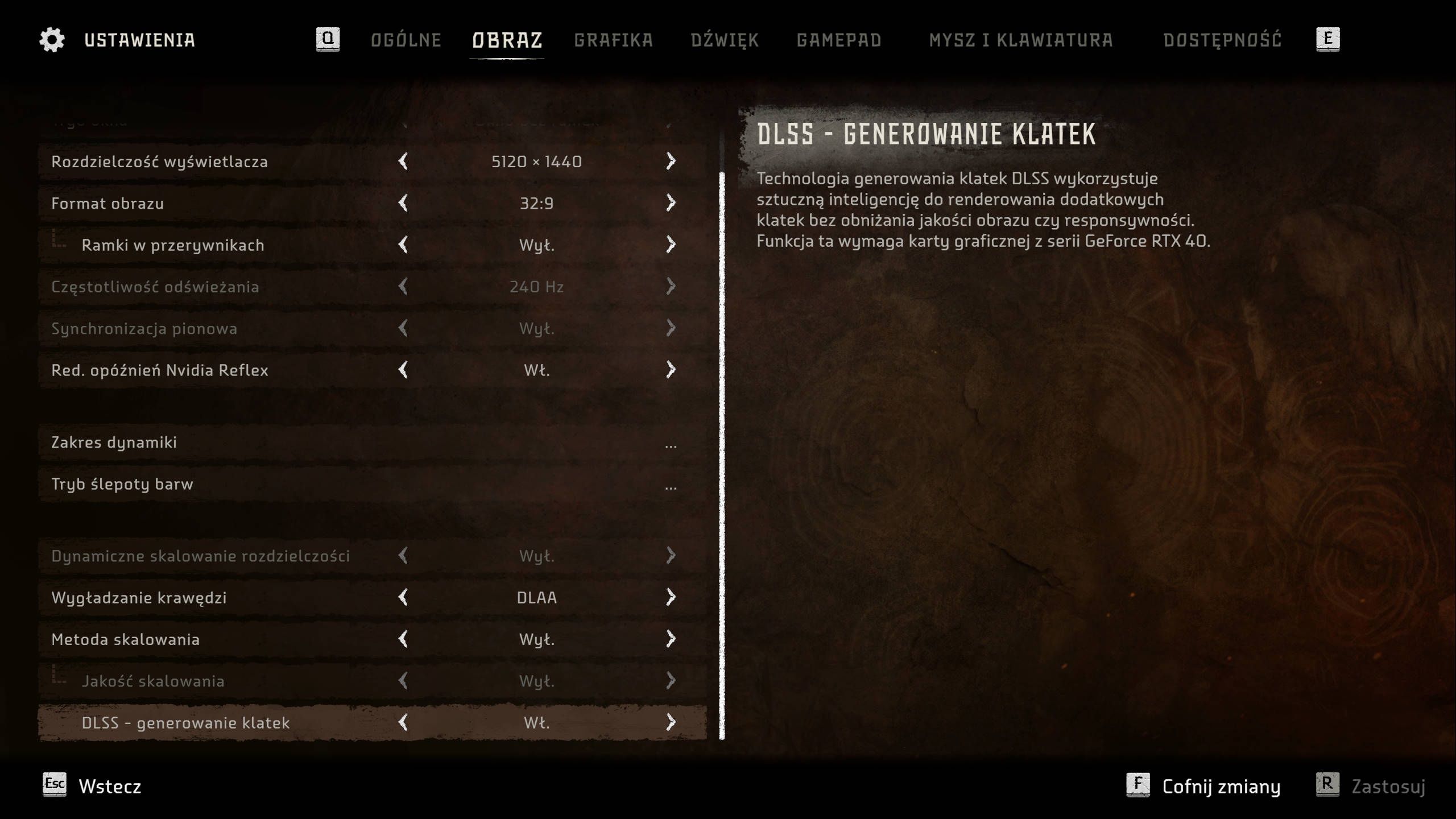 Horizon: Forbidden West na PC - ustawienia DLSS Frame Generation