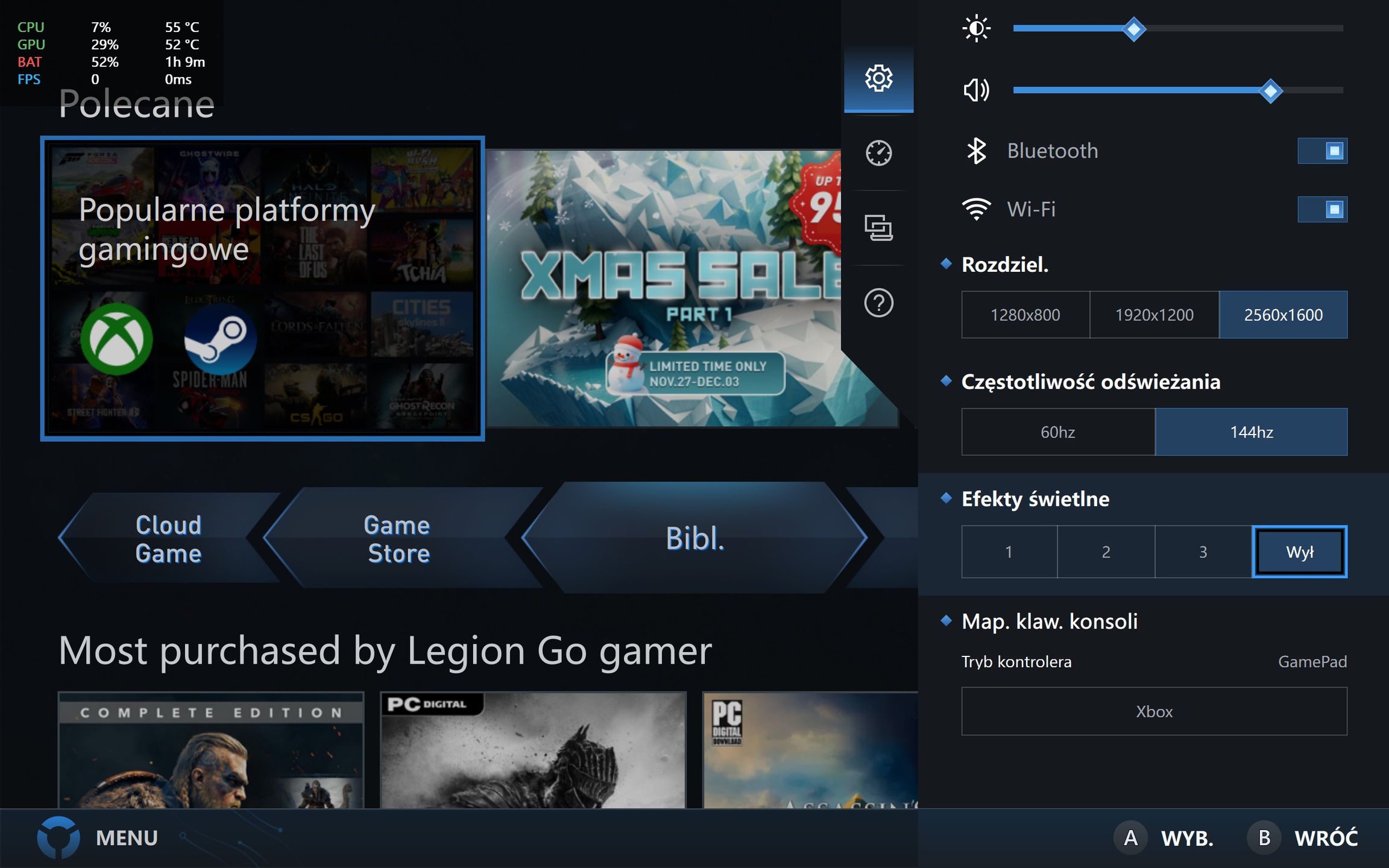 Lenovo Legion Go - prawe menu