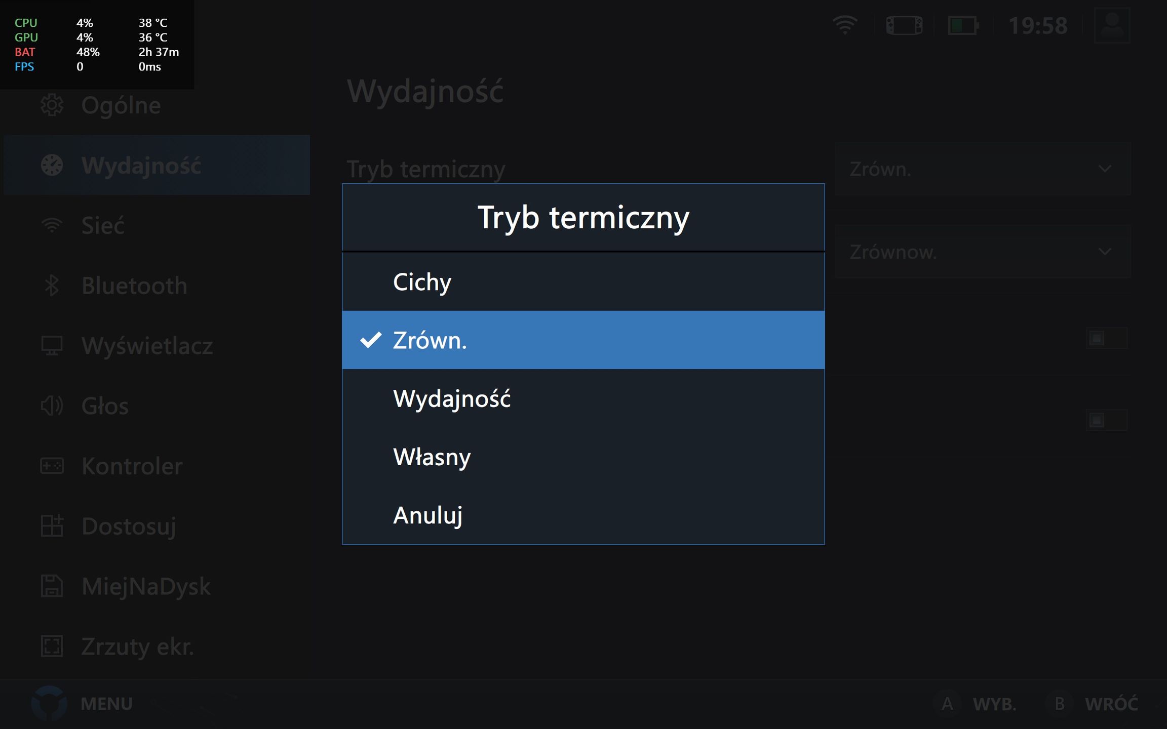 Lenovo Legion Go - menu trybu TDP