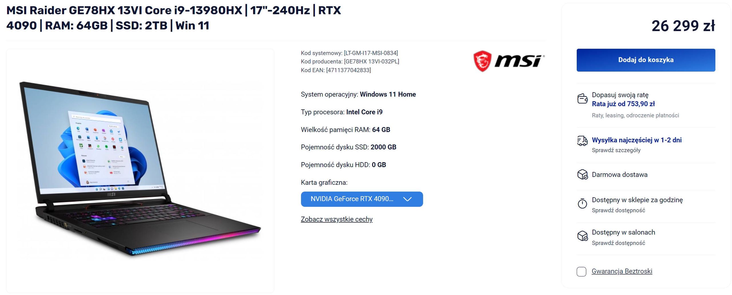 MSI Raider GE78 HX 13V - oferta z mylącą nazwą