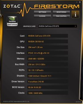 Zotac FireStorm aplikacja zrzut ekranu informacje o karcie