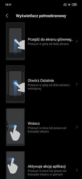 wyświetlacz pełnoekranowy - gesty