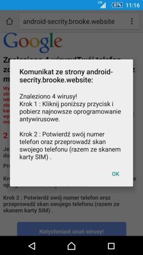 fałszywy komunikat o znalezieniu wirusa