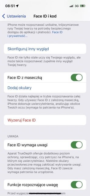 Face ID ustawienia