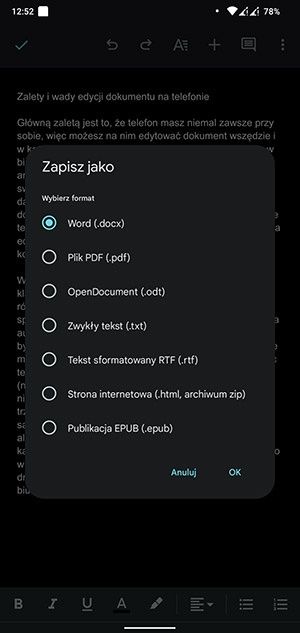 Edycja dokumentu tekstowego na telefonie