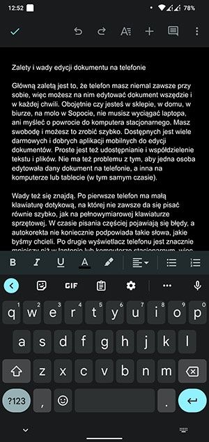 Edycja dokumentu tekstowego na telefonie