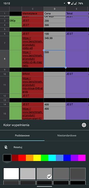 Edycja arkusza kalkulacyjnego na telefonie