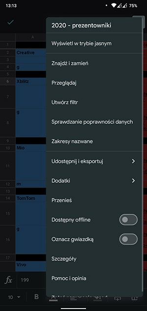 Edycja arkusza kalkulacyjnego na telefonie