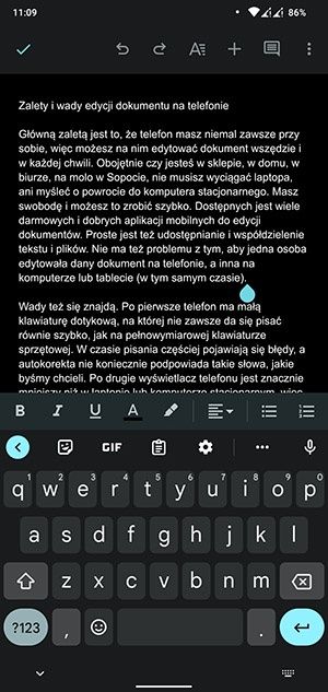 Edycja dokumentu tekstowego na telefonie