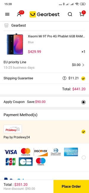 Aplikacja Gearbest - apply coupon
