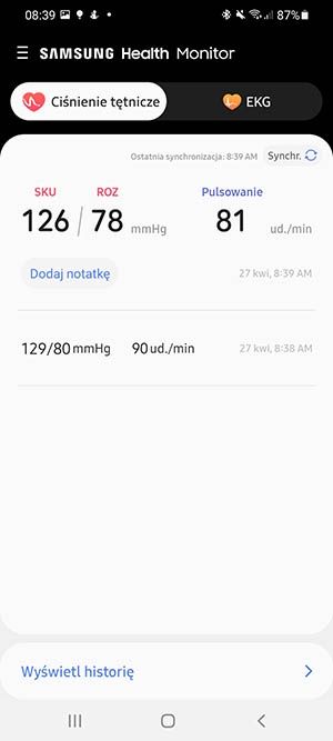 historia pomiarów ciśnienia za pomocą smartwatcha - Samsung Health Monitor