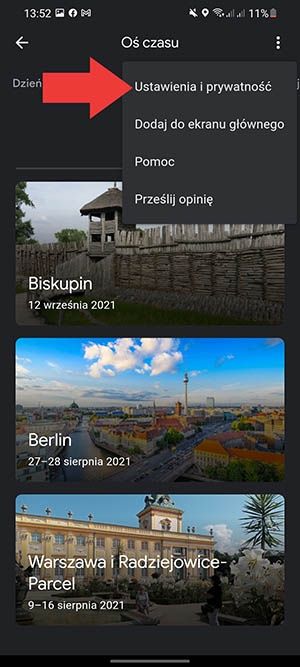 Google Timeline ustawienia