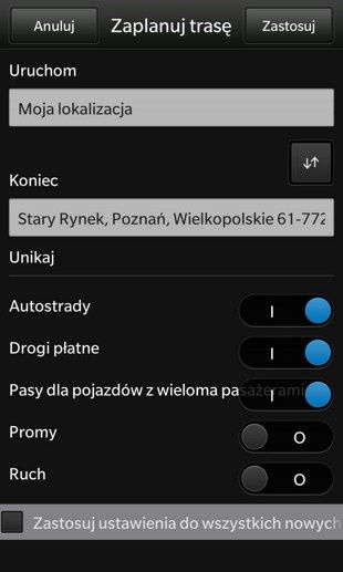 BlackBerry - parametry trasy