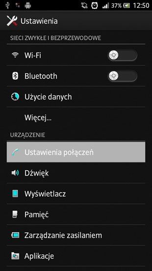Sony Android 4.1 ustawienia połączeń