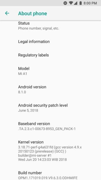 Xiaomi Mi A1 Android 8.1 Oreo