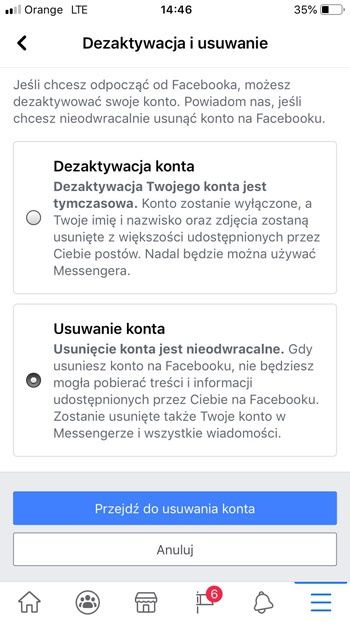 Dezaktywacja i usunięcie konta na FB