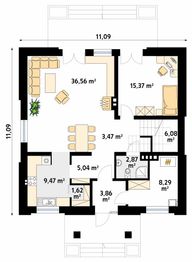 Projekt domu Kos 2 - rzut parteru, dom liczy 4 pokoje, 2 łazienki i wc