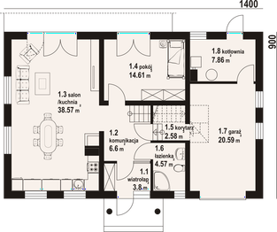 Projekt domu Firlejów - rzut parteru, dom liczy 5 pokoje, 3 łazienki i wc
