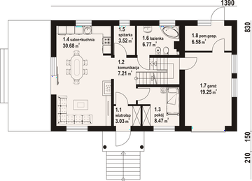 Projekt domu Biskupice 9 - rzut parteru, dom liczy 5 pokoje, 2 łazienki i wc