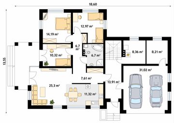 Projekt domu Arkan - rzut parteru, dom liczy 6 pokoje, 2 łazienki i wc