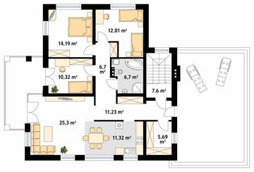 Projekt domu Arkan - rzut 1 piętra, dom liczy 6 pokoje, 2 łazienki i wc
